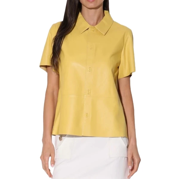 Short Sleeve Button Down Yellow Leather Top