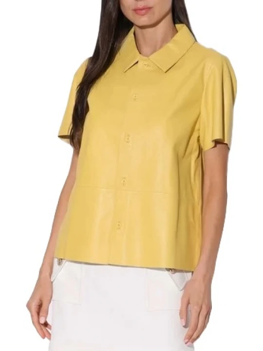 Short Sleeve Button Down Yellow Leather Top