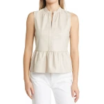 Split Neck Off Cream Leather Top