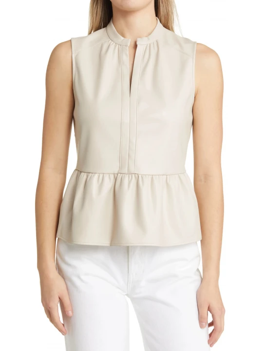 Split Neck Off Cream Leather Top