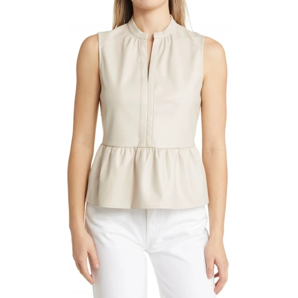 Split Neck Off Cream Leather Top