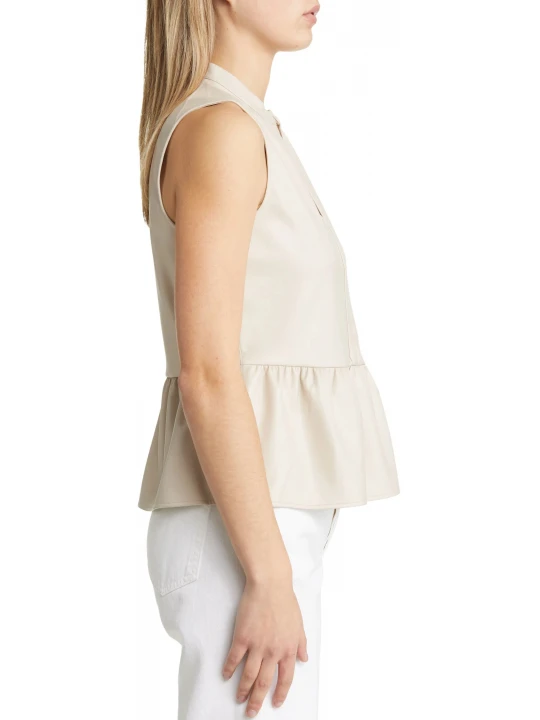 Split Neck Off Cream Leather Top