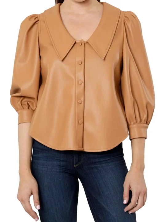 Tan Leather Blouse With Puff Sleeves