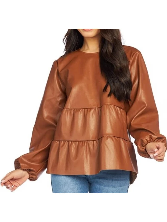 Tiered Ruffle Brown Leather Top