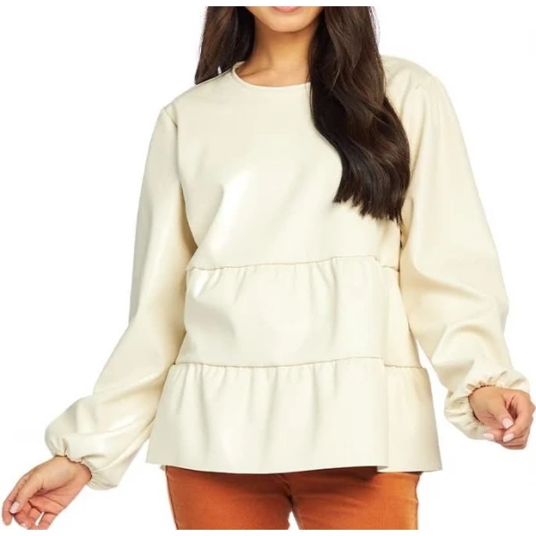 Tiered Ruffle White Leather Top