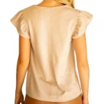 V-Neck Ruffle Sleeve Beige Leather Top
