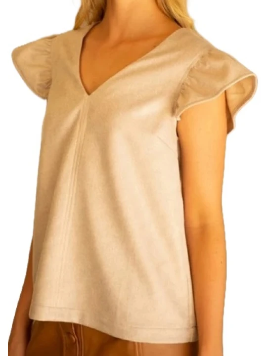V-Neck Ruffle Sleeve Beige Leather Top