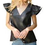 V-Neck Ruffle Sleeve Black Leather Top