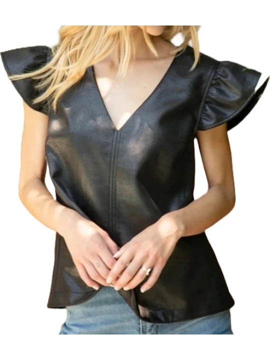 V-Neck Ruffle Sleeve Black Leather Top