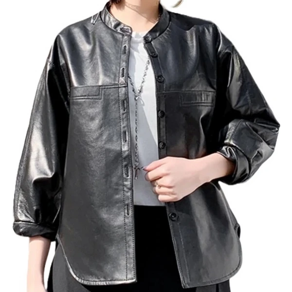 Womens Amazing Style Outwear Real Lambskin Black Leather Top