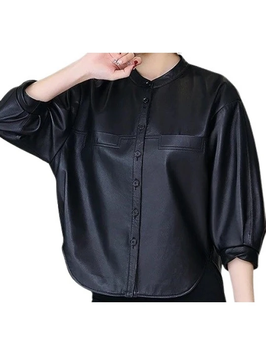 Womens Collarless Short Sleeve Outwear Real Lambskin Black Leather Top