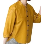 Womens Collarless Short Sleeve Outwear Real Lambskin Yellow Leather Top