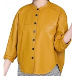 Womens Collarless Short Sleeve Outwear Real Lambskin Yellow Leather Top