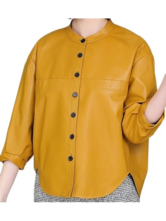 Womens Collarless Short Sleeve Outwear Real Lambskin Yellow Leather Top