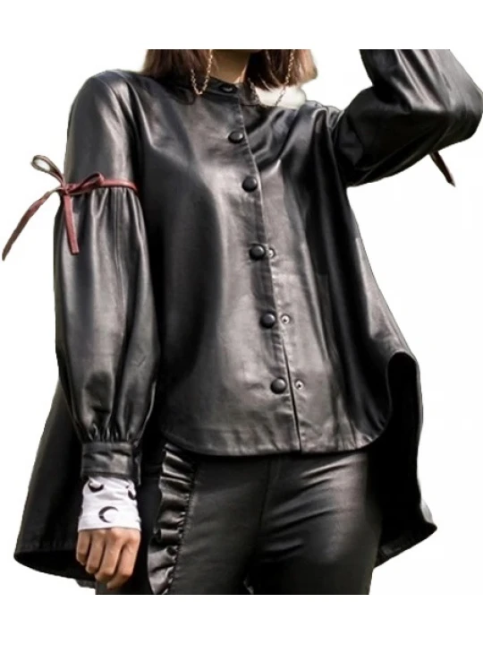 Womens Designer Outwear Real Lambskin Black Leather Top