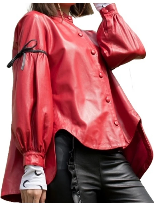 Womens Designer Outwear Real Lambskin Red Leather Top
