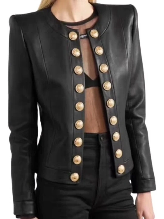 Womens Glamorous Design Outwear Real Lambskin Black Leather Top