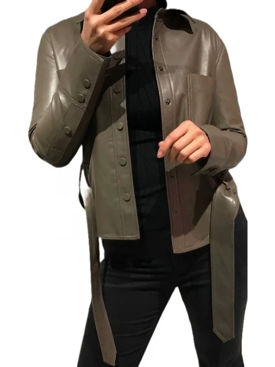 Womens Marvellous Design Outwear Real Lambskin Brown Leather Top