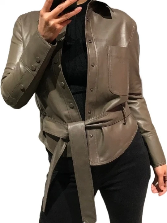Womens Marvellous Design Outwear Real Lambskin Brown Leather Top