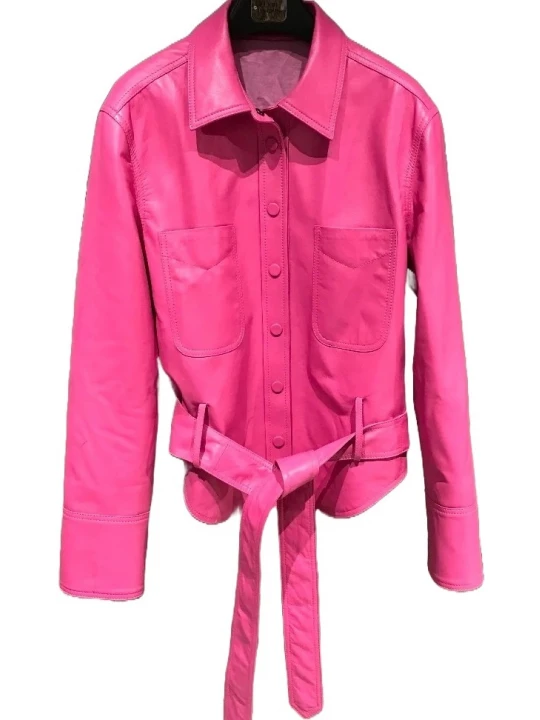 Womens Marvellous Design Outwear Real Lambskin Pink Leather Top
