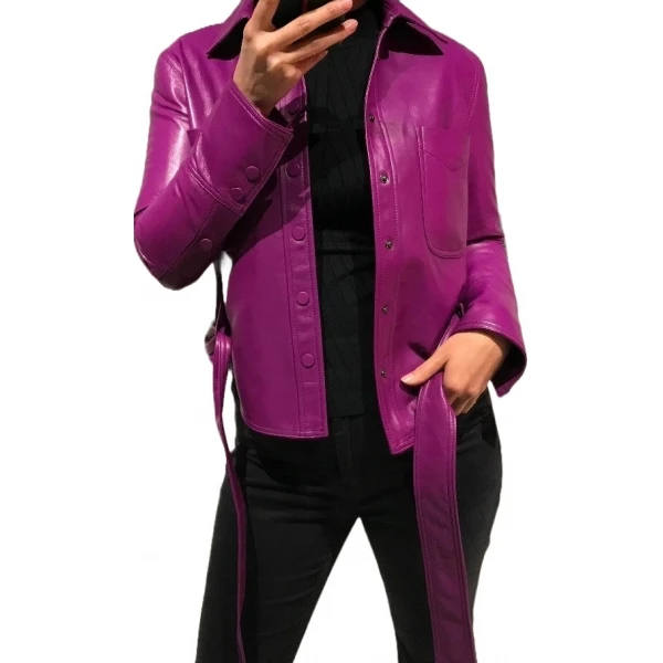 Womens Marvellous Design Outwear  Real Lambskin Purple Leather Top