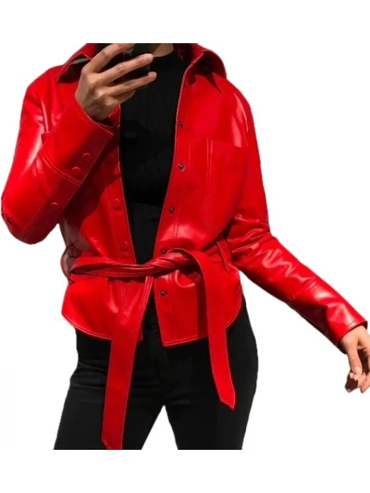 Womens Marvellous Design Outwear Real Lambskin Red Leather Top
