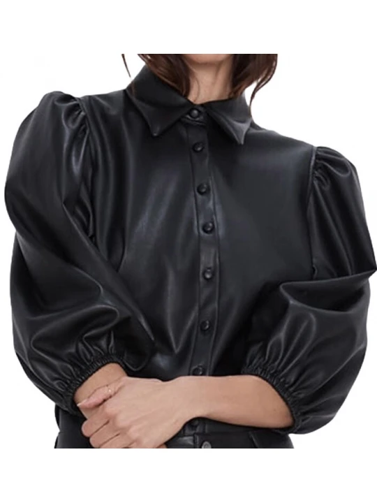 Womens Street Fashion Short Sleeve Outwear Real Lambskin Black Leather Top