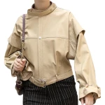 Womens Stunning Design Outwear Real Lambskin Beige Leather Top