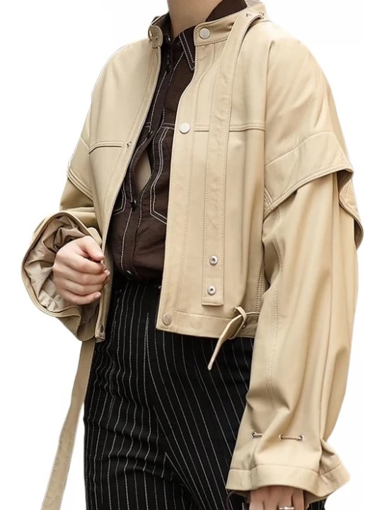 Womens Stunning Design Outwear Real Lambskin Beige Leather Top