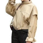 Womens Stunning Design Outwear Real Lambskin Beige Leather Top