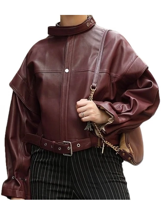 Womens Stunning Design Outwear Real Lambskin Burgundy Leather Top