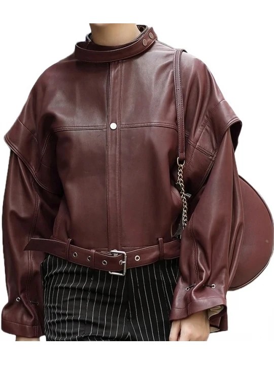 Womens Stunning Design Outwear Real Lambskin Burgundy Leather Top