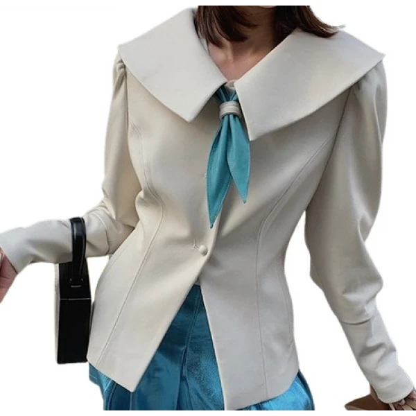 Womens Timeless Style Outwear Real Lambskin Beige Leather Top
