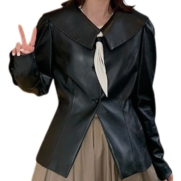Womens Timeless Style Outwear Real Lambskin Black Leather Top