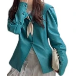 Womens Timeless Style Outwear Real Lambskin Blue Leather Top