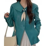 Womens Timeless Style Outwear Real Lambskin Blue Leather Top