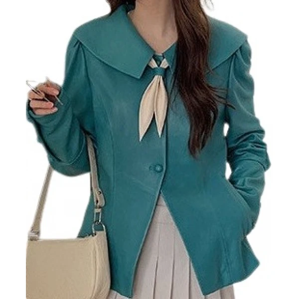 Womens Timeless Style Outwear Real Lambskin Blue Leather Top