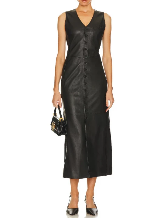Black Sleeveless Leather Midi Dress