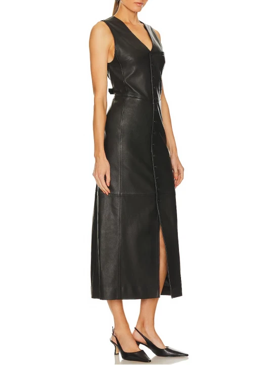 Black Sleeveless Leather Midi Dress