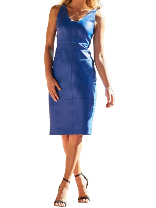 Blue Leather V Neck Panelled Dress