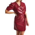 Burgundy Leather Mini Wrap Dress