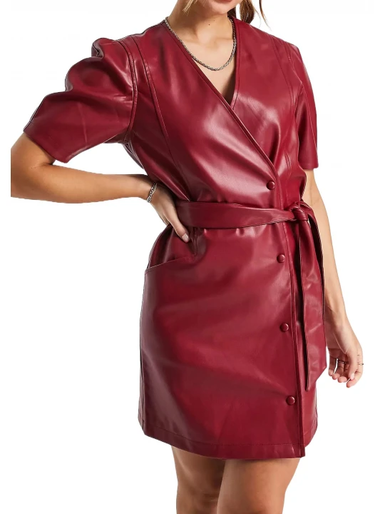 Burgundy Leather Mini Wrap Dress