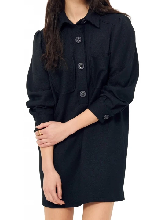 Button Closure Black Suede Leather Mini Dress