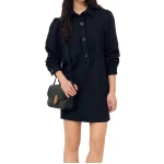 Button Closure Black Suede Leather Mini Dress