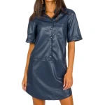 Button Leather Shirt Dress Navy Blue