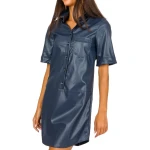 Button Leather Shirt Dress Navy Blue