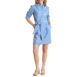Classic Collar Blue Leather Shirt Dress