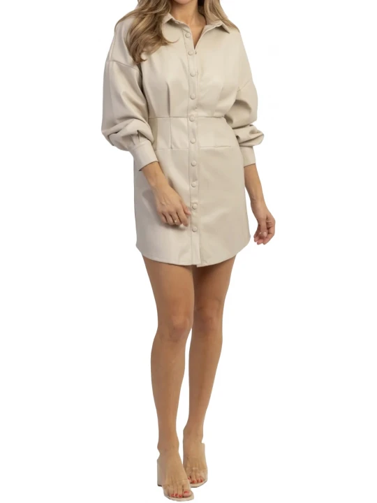 Classic Collar Cream Leather Shirt Dress