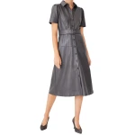 Classic Collar Grey Leather Shirt Dress