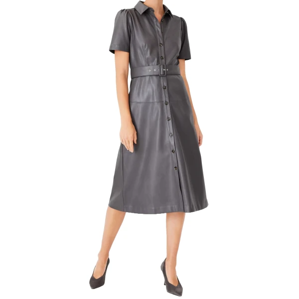 Classic Collar Grey Leather Shirt Dress